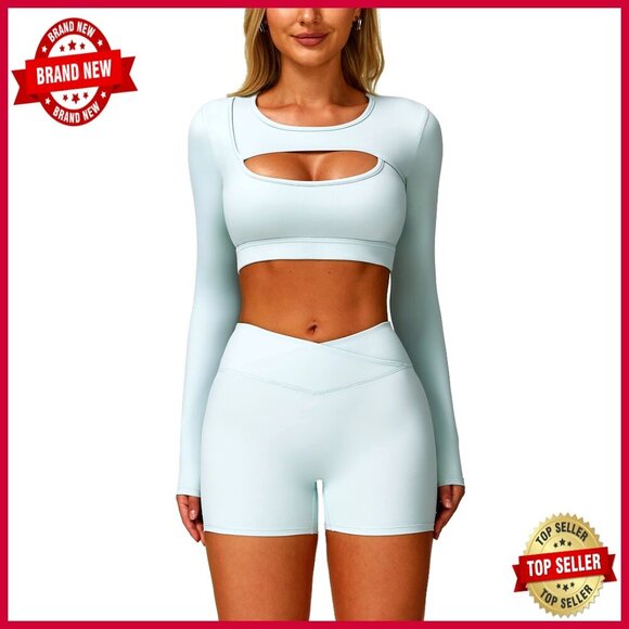 Tops - High Waisted Pleated A-Line Skirt Long Sleeve Cutout Crop Top Workout Set